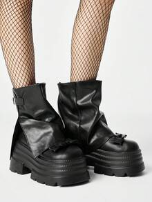 ROMWE Grunge Punk 女款黑色搖滾龐克哥德風尖頭粗跟楔形扣環騎行短靴，適合聖誕 Y2K 風格 - 黑色/厚底蝴蝶結 - 查看 4