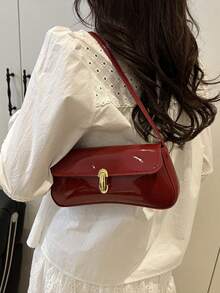 SIENNITY Stylish Mirror‑Finish Baguette Bag, Featuring Metal Hardware Lock Clasp And Flap Opening. A Lightweight Minimalist Shoulder Bag With Small Capacity. - Burgundy - View 2