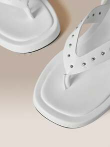 HighSole Metal Rivet Decorative Herringbone Clip Ankle Strap Simple Premium Sandals Beach Vacation Casual Wear - White - View 5