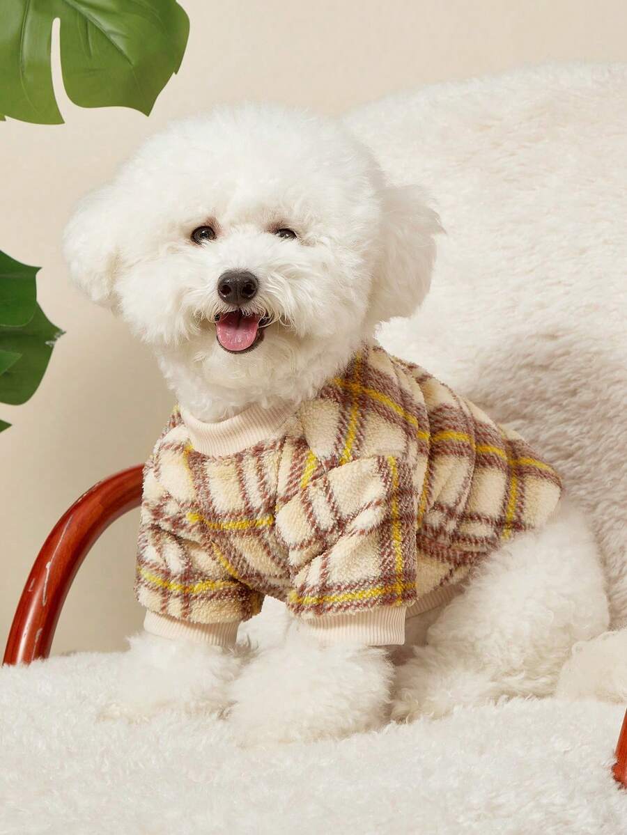 PETSIN 1pc Pet Cat Dog Universal Fashion Classic Checkered Pattern Printed Cute Double Sided Elastic Plush Comfortable Warm Dog Round Neck Sweatshirt - Multicolor - View 1