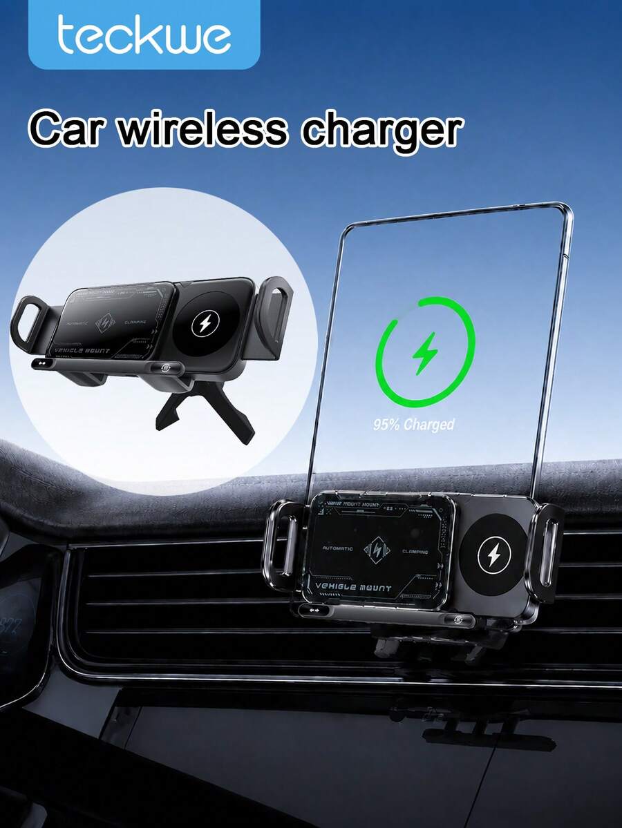 Teckwe 1pc,150mAh Built-In Battery,Dual Coil Fast Charge,360°Rotatable Buckle Lock Car Wireless Charger Holder,Auto Clamp Anti-Slip One-Hand Operation,ABS Material For Wireless Charging Phones,Daily Commute Road Trip Car Electronics Mount. - multicolor - View 1
