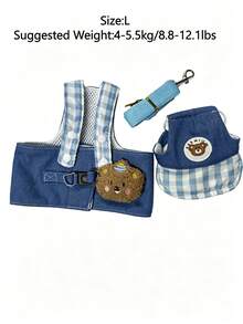 Denim Dog Harness Leash Set With Cute Sun Hat, Adjustable Pet Vest Harness For Small Medium Dogs Cats, Summer Walking Outdoor Pet Supplies - Multicolor - View 13