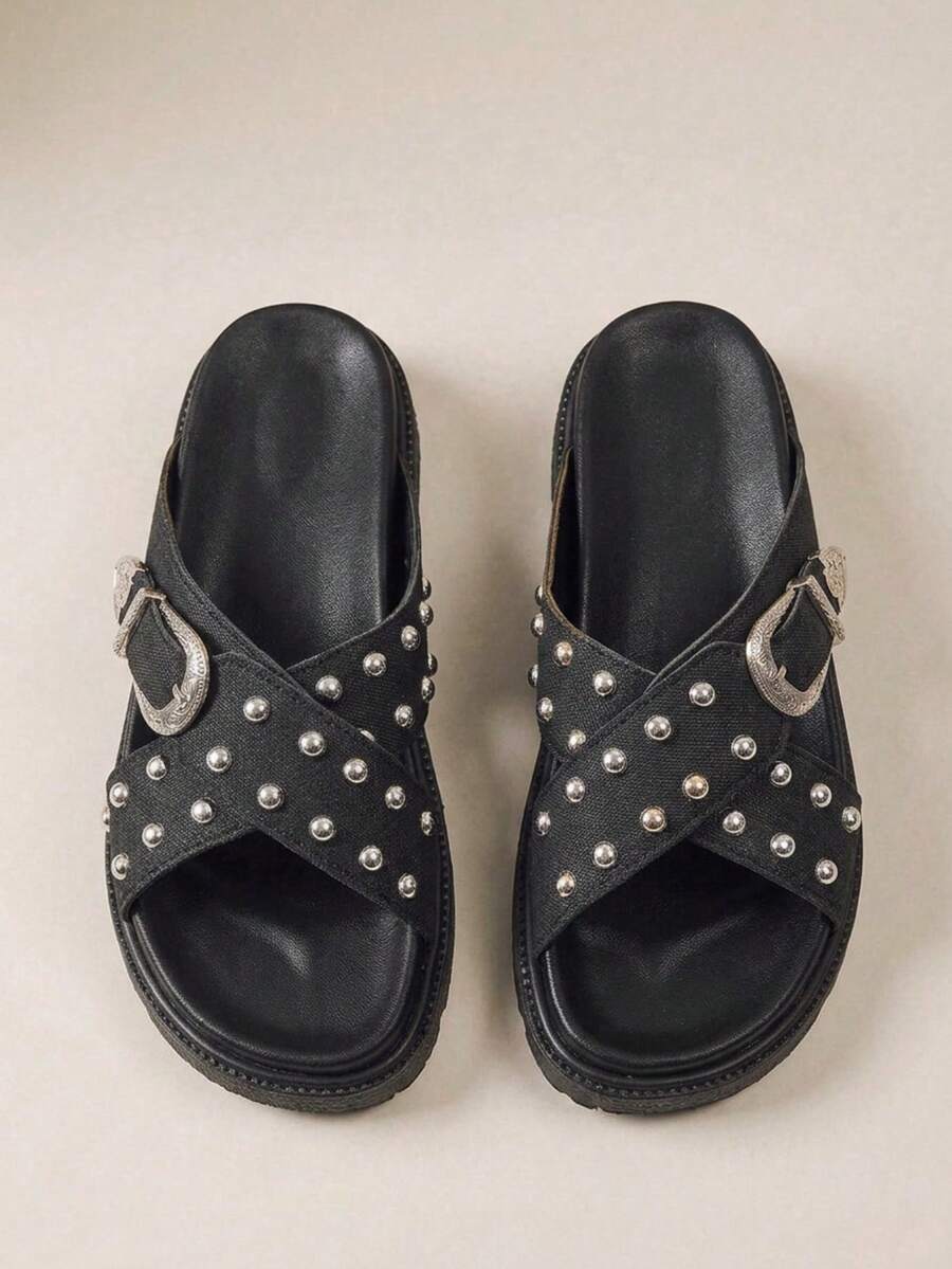 HighSole 女士黑色厚底舒适平底凉鞋,适合日常穿着 - 深黑色 - 查看 1