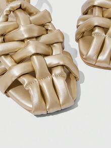 HighSole 女士金色方头镂空编织复古时尚休闲罗马平底凉鞋 - 金色 - 查看 7