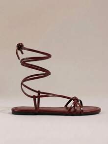 HighSole Ladies Shoes Naked Sandals Elegant Summer Burgundy PU Flat Sandals - Burgundy - View 2