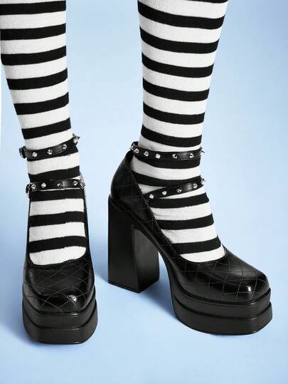 Sugerpunk Fashion Women's Platform High-Heeled Shoes, Punk Style Gothic Buckle With Inlaid Rivets Decoration, Classic Sexy Suitable For Parties, Nightclub