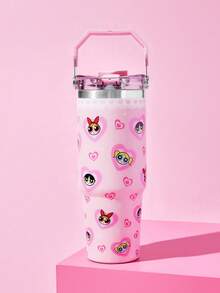 THE POWERPUFF GIRLS X SHEIN 30 Oz/900ml 不鏽鋼水杯、咖啡杯、運動水壺、保溫杯，附吸管與手提功能，冷熱皆可保溫 - 粉色 - 查看 1