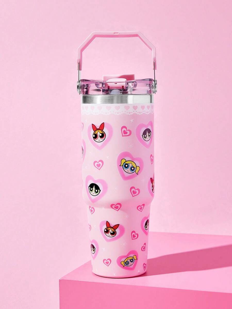 THE POWERPUFF GIRLS X SHEIN 30 Oz/900ml 不鏽鋼水杯、咖啡杯、運動水壺、保溫杯,附吸管與手提功能,冷熱皆可保溫 - 粉色 - 查看 1