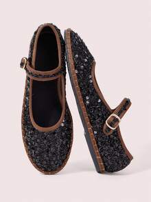 CUCCOO DOLLMOD Women's Casual Bohemian Solid Color Sequin Design Elastic Strap Mary Jane Flat Shoes For Commuting And Vacation Fall Shoes - Black - View 1