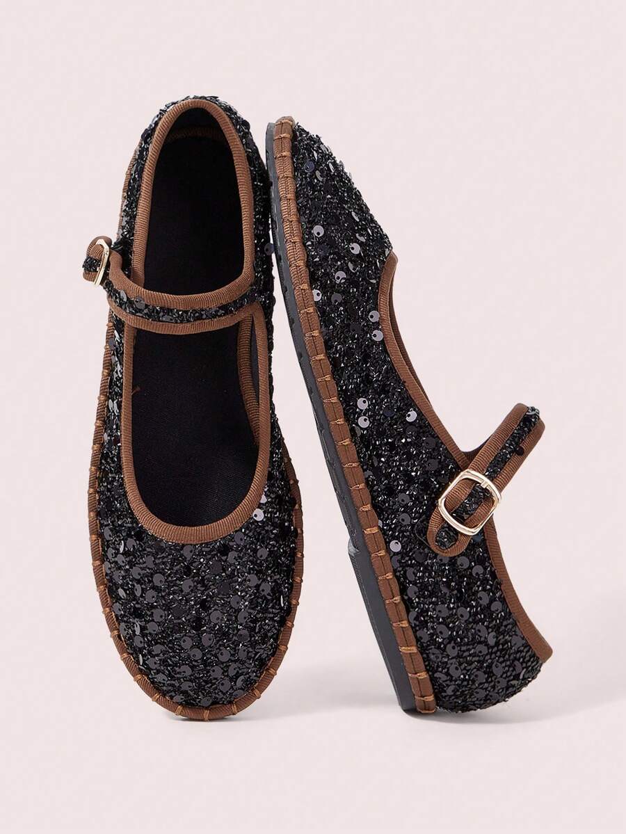 CUCCOO DOLLMOD Women's Casual Bohemian Solid Color Sequin Design Elastic Strap Mary Jane Flat Shoes For Commuting And Vacation Fall Shoes - Black - View 1