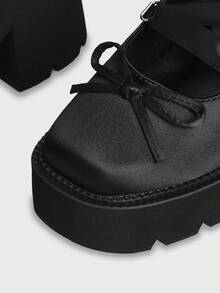 Sugerpunk Women's Fashion Sexy Platform Platform Shoes, Punk Style Gothic Dark Ribbon Lace-Up Design Front And Heel With Bow Beautiful Fashion V - Black - View 4