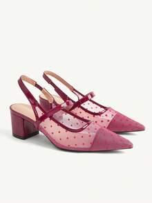 CUCCOO CHICEST 女款波點網布尖頭粗跟後扣優雅黑色百搭露趾高跟鞋 約會穿著 - 紅色 - 查看 4