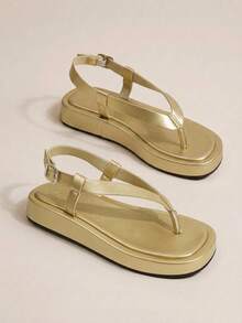 HighSole 春夏新款可调节搭扣设计，露趾加厚鞋底，都市简约风女凉鞋，柔软舒适，防滑透气，适合通勤、购物、海边度假、音乐节等各种场合，是夏季百搭单品。 - 淺金色 - 查看 5