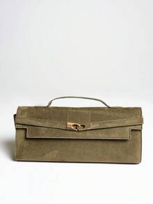 MUSERA Ladies Fashionable Elegant Simple Versatile Retro Classic Suede Handbag, Hardware Buckle Decoration, Dating Daily Shopping Afternoon Tea Party Banquet - Army Green - View 5