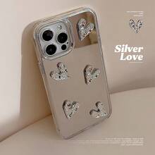 1PC,Luxury Glossy 3D Meteorite Texture Electroplated Silver Heart Cute Phone Case, Compatible With IPhone 16/15/14/13/12 Pro Max/14/15 Plus/11, With Camera Lens Cover, Waterproof, Shockproof, Drop-Resistant & Scratch-Resistant - Mirror Heart - View 6