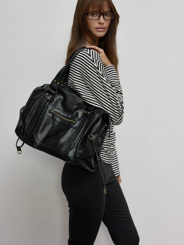 MUSERA Black PU Leather Lace Drawstring Detail Shoulder Bag Fall Autumn Winter Streetwear Outfits