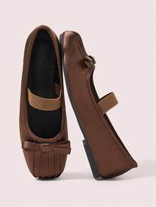 CUCCOO DOLLMOD Ladies Elegant Satin Mary Jane Flats, Square Toe Toe Multi-Layer Pleated Design, With The Same Satin Single Strap And Toe Thin Bow, Quiet Luxury Retro - Brown - View 1