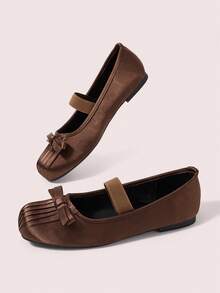 CUCCOO DOLLMOD Ladies Elegant Satin Mary Jane Flats, Square Toe Toe Multi-Layer Pleated Design, With The Same Satin Single Strap And Toe Thin Bow, Quiet Luxury Retro - Brown - View 3