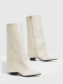 Daringsoles Retro Rivet Pointed Wide Tube Boots Low Heel Thin Trouser Tube Boots Niche Rivet Beading Stacked High Boots, Soft Leather Boots - Beige - View 2