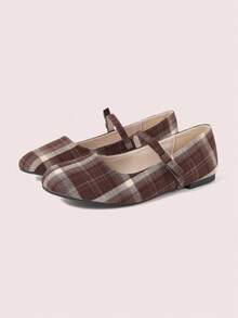 CUCCOO DOLLMOD French Retro Plaid Word With Round Toe Mary Jane Flats, Daily Commuting Versatile Low Vamp Bow Women's Shoes - Brown - View 2