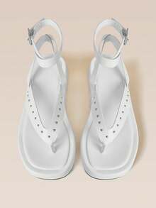 HighSole Metal Rivet Decorative Herringbone Clip Ankle Strap Simple Premium Sandals Beach Vacation Casual Wear - White - View 3