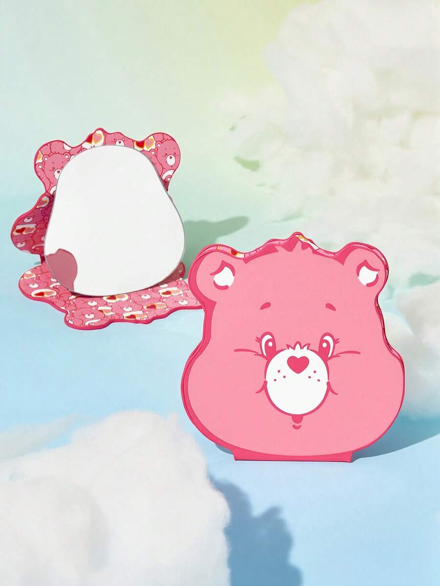 SHEIN X Care Bears 甜心熊鼻可折疊化妝鏡,不規則造型,可折疊人造皮革封面,纖薄桌面梳妝鏡,適合青少年日常理容 - 蜜桃粉 - 查看 1