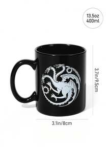 Game of Thrones X SHEIN 復古銀色圖案三頭龍黑色陶瓷杯 400ml 13.5 Fl Oz，個性化奇幻風馬克杯，成人書房辦公室禮品飲用器皿 - 黑色 - 查看 5