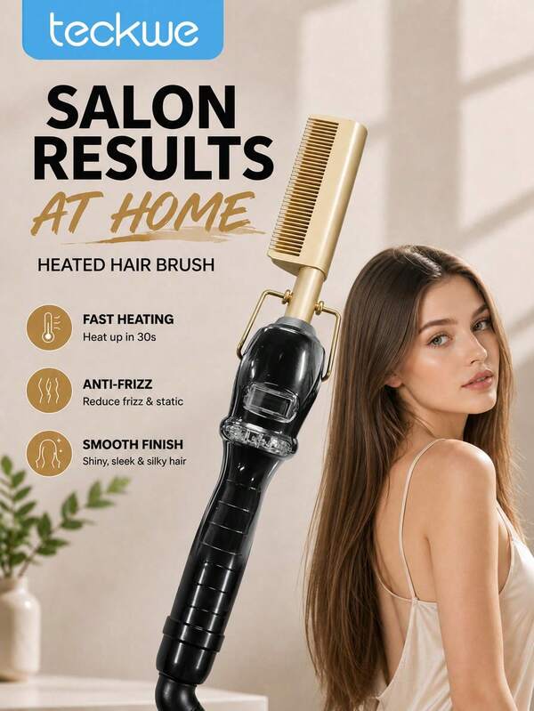 Teckwe US Plug Professional Ceramic Hot Comb Straightener And Curling Iron – Multifunctional Copper Hair Straightening Comb – Hot Comb Straightener – Multifunctional Styling Tool For Daily Home Use – Gold Ceramic Hot Comb For Women's Hair