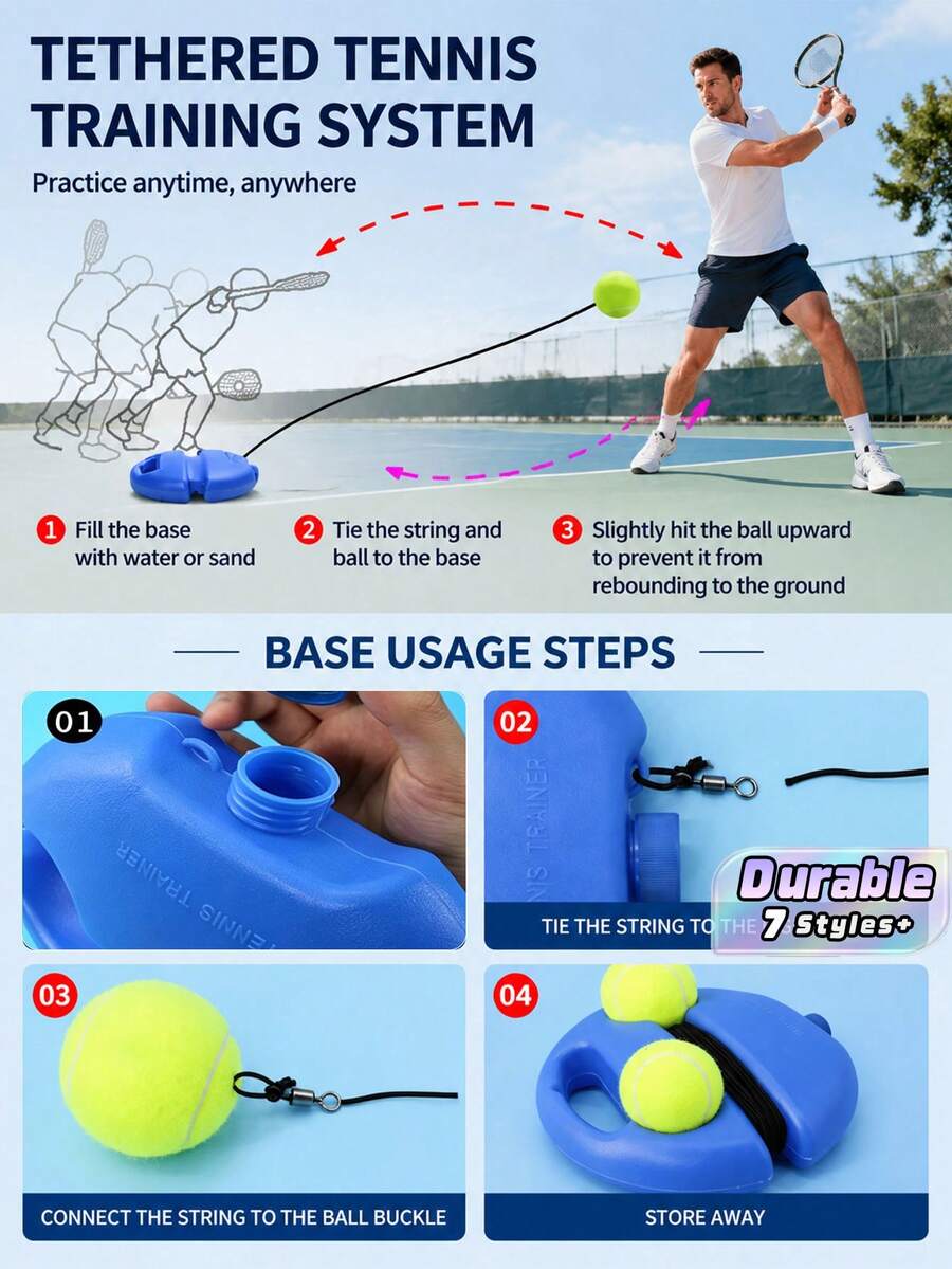 Tennis Trainer Rebound Baseboard Set, Portable Self‑Practice Tennis Training Tool With Elastic Rope & Tennis Ball, Solo Tennis Practice Equipment For Beginners, Indoor & Outdoor Sports Training Aid - Multicolor - View 1