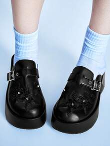 Sugerpunk Embroidery Pattern Retro Dew Heel Mules Shoes Women's, Platform Slip-On Punk Style Versatile Outdoor Cool Slippers, Summer Wear - Black - View 5