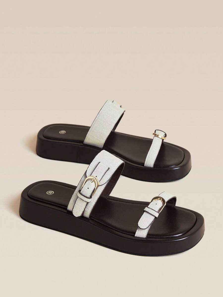 HighSole نعال مريحة بتصميم حزام مزدوج وإبزيم معدني، كاجوال ريترو، مناسبة للعطلات والتسوق والاستخدام اليومي - بيج - مشاهدة 1