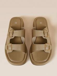 HighSole Bimetal Square Buckle Minimalist Light Luxury Style Cool Slippers Vacation Casual Versatile Wear - Brown - View 5