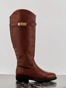 SHUZIA New Ladies' Riding Boot Sleek Chocolate Brown Color Knee-High Smooth Faux Leather Gold Tone Hardware Chic Rodeo Holiday Fun Comfort Shoe - Chocolate Brown - View 8