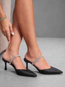 CUCCOO SZL Pointed Toe Stiletto Black Gretel Rhinestone Strip Women's High Heel Shoes Kitten Heels Banquet Wedding Versatile Temperament Socialite Temperament High Heels Women's Shoes - Black - View 5