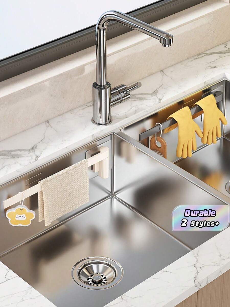 1Pc Sink Rag Holder, Punch‑Free Wall‑Mounted Kitchen Storage Rack, Towel Bar Paper Towel & Plastic Wrap Organizer - Multicolor - View 1