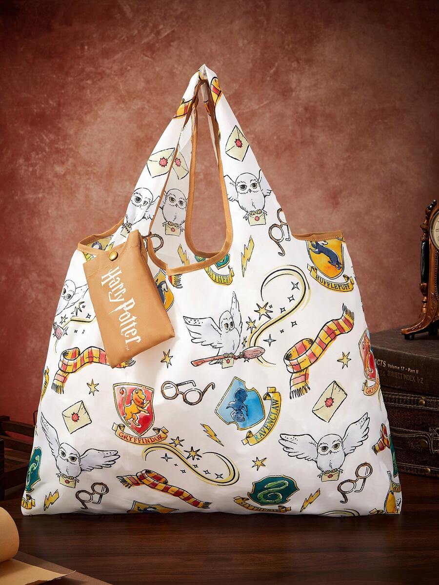 HARRY POTTER X SHEIN Harry Potter Printed Folding Tote Bag, Polyester Fiber Large Capacity, Matching The Same Pattern Storage Bag, Foldable Storage, Suitable For Commuting - White - View 1