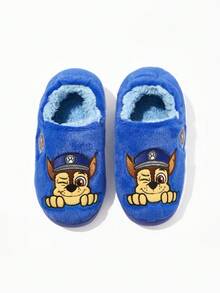 SHEIN | PAW Patrol 可爱刺绣追逐卡通追逐蓝色男童儿童防滑室内松紧带拖鞋幼儿和儿童柔软毛绒保暖家居鞋，轻便耐用的 EVA 鞋底，男女通用女孩居家卧室空调房，春秋冬季，狗狗 - 藍色 - 查看 7
