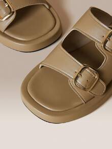 HighSole Bimetal Square Buckle Minimalist Light Luxury Style Cool Slippers Vacation Casual Versatile Wear - Brown - View 4