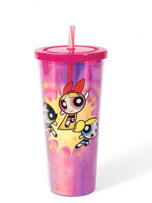 THE POWERPUFF GIRLS X SHEIN 24 Oz / 700 Ml 雷射冷感平底杯，附心形閃亮裝飾 - 紅色 - 查看 4