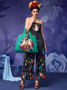 Frida Kahlo X SHEIN 1件可折疊聚酯纖維托特包，附可掛在包上的迷你珠飾小收納袋 - 深湖水藍 - 查看 4