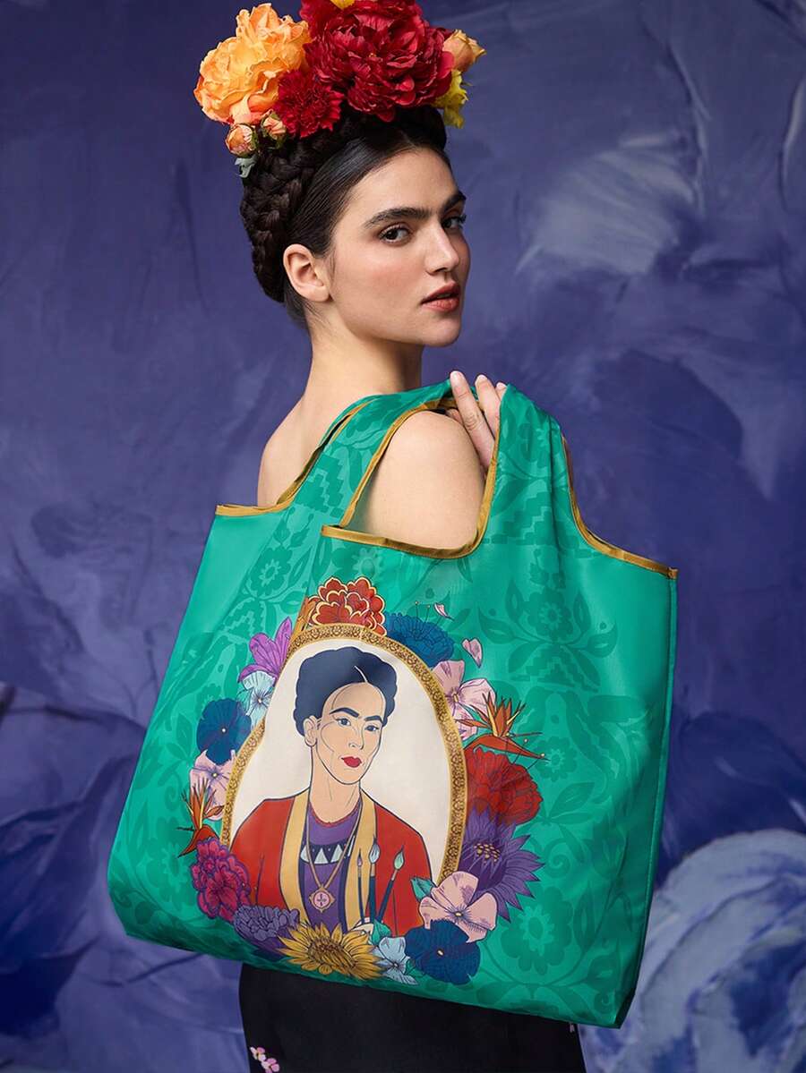 Frida Kahlo X SHEIN 1件可折疊聚酯纖維托特包，附可掛在包上的迷你珠飾小收納袋 - 深湖水藍 - 查看 1
