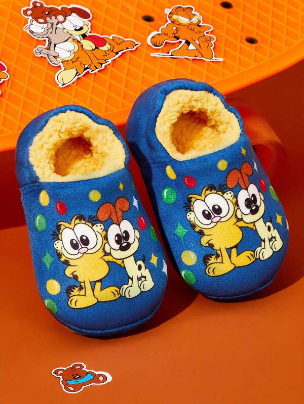 GARFIELD | SHEIN Cute Cartoon Cat&Dog Blue Children Boys Non-Slip Indoor Slippers Toddlers & Kids Soft Plush Warm Winter House Shoes, Lightweight And Durable