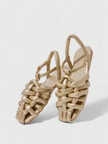 HighSole 女士金色方头镂空编织复古时尚休闲罗马平底凉鞋 - 金色 - 查看 9