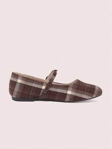 CUCCOO DOLLMOD French Retro Plaid Word With Round Toe Mary Jane Flats, Daily Commuting Versatile Low Vamp Bow Women's Shoes - Brown - View 3