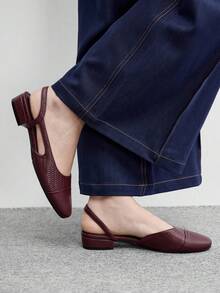 CUCCOO BIZCHIC Sepatu Wanita Warna Burgundy dengan Tali Belakang Rajut Kontras, Sol Tunggal, Hak Persegi, Sol Datar, Gaya Vintage untuk Perjalanan Sehari-hari - Burgundy - View 4