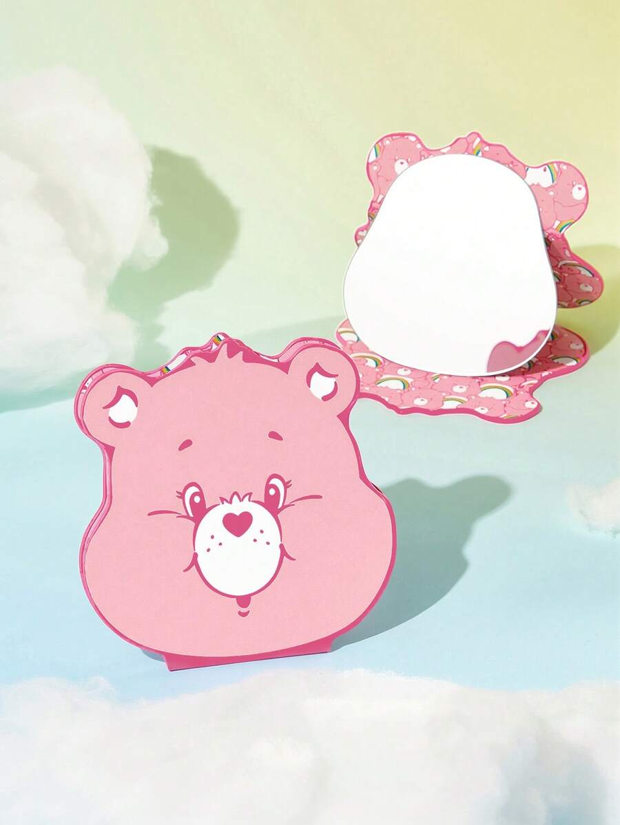 SHEIN X Care Bears 甜心熊鼻可折疊化妝鏡,不規則造型,可折疊人造皮革封面,輕薄桌面梳妝鏡,適合青少年日常理容 - 淺粉 - 查看 1