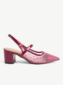 CUCCOO CHICEST 女款波點網布尖頭粗跟後扣優雅黑色百搭露趾高跟鞋 約會穿著 - 紅色 - 查看 3