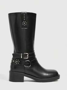 Daringsoles British Punk Belt Buckle Side Zip Mid Boots - Black - View 1