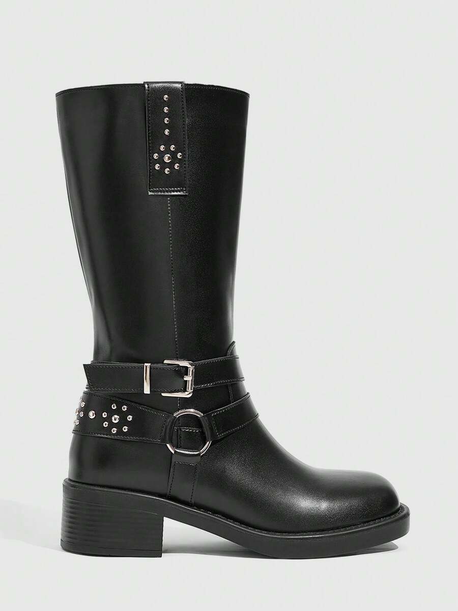 Daringsoles British Punk Belt Buckle Side Zip Mid Boots - Black - View 1