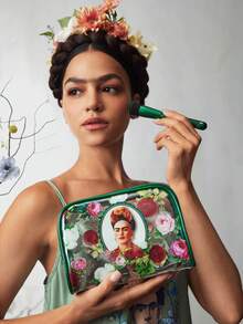 Frida Kahlo X SHEIN 半透明人物與花卉印花化妝包 - 綠色 - 查看 5